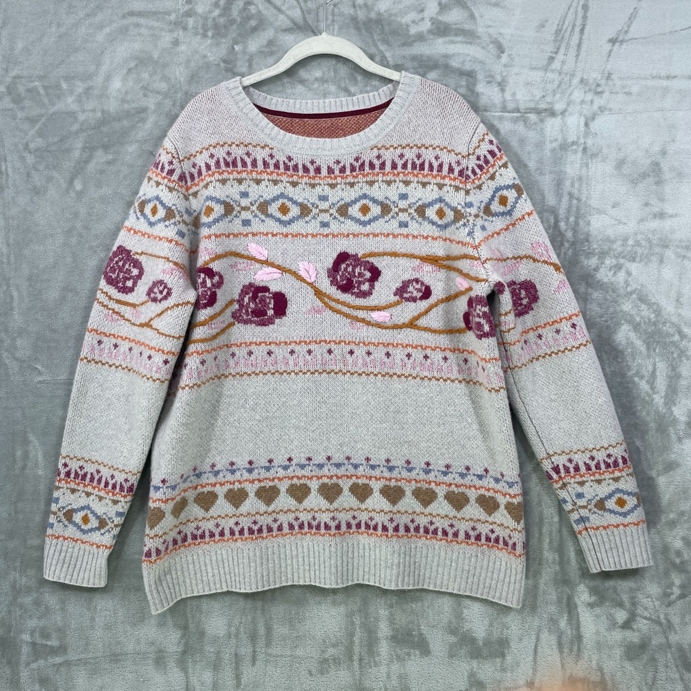 Sundance Gray Wool Blend "Santa Rosa Sweater"‎ Women's Size L? Floral Fair Isle